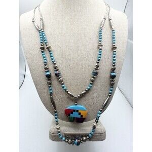 Vintage Double Layer Gemstone Inlay Bear Bead Necklace 23” Southwestern
